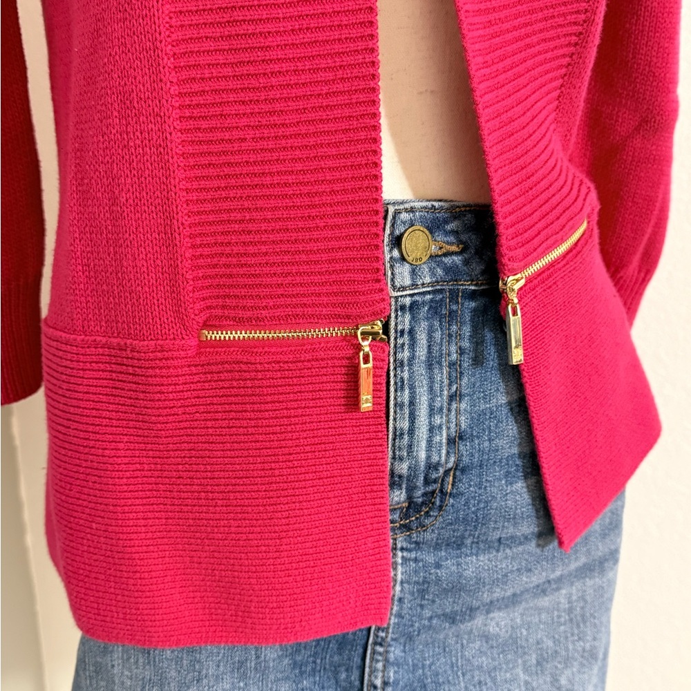 Ivanka Trump Fuchsia Pink Shawl Neck, Open Cardigan with Gold Zippers, Sz M - Picture 2 of 11
